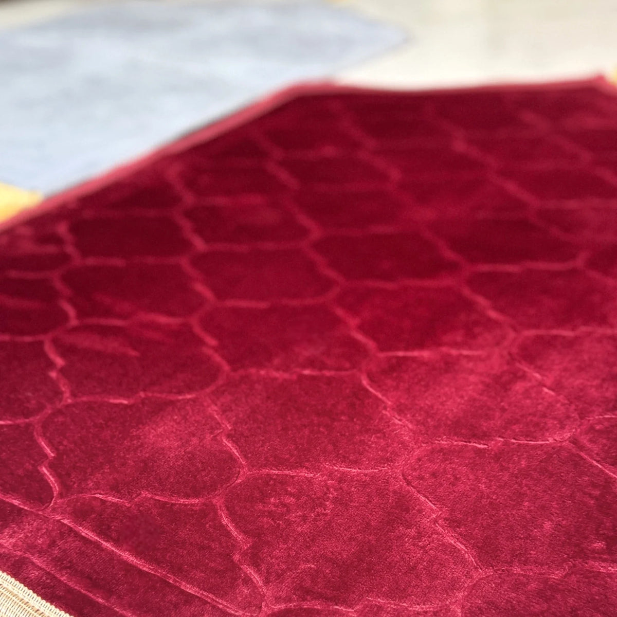 Soft maroon Dome Janamaz from the Grey & Maroon Couple Janamaz Set, showcasing plush texture and elegant pattern for comfortable prayer.