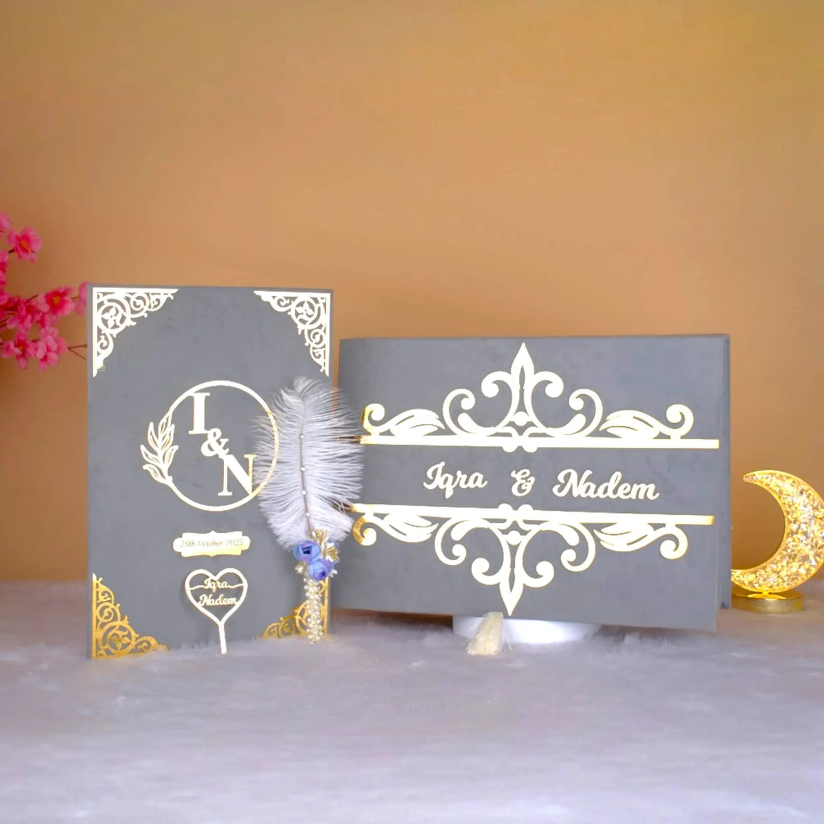 Premium Grey Nikah Nama Hamper featuring custom names, elegant gold detailing, and velvet finish for wedding ceremony essentials.