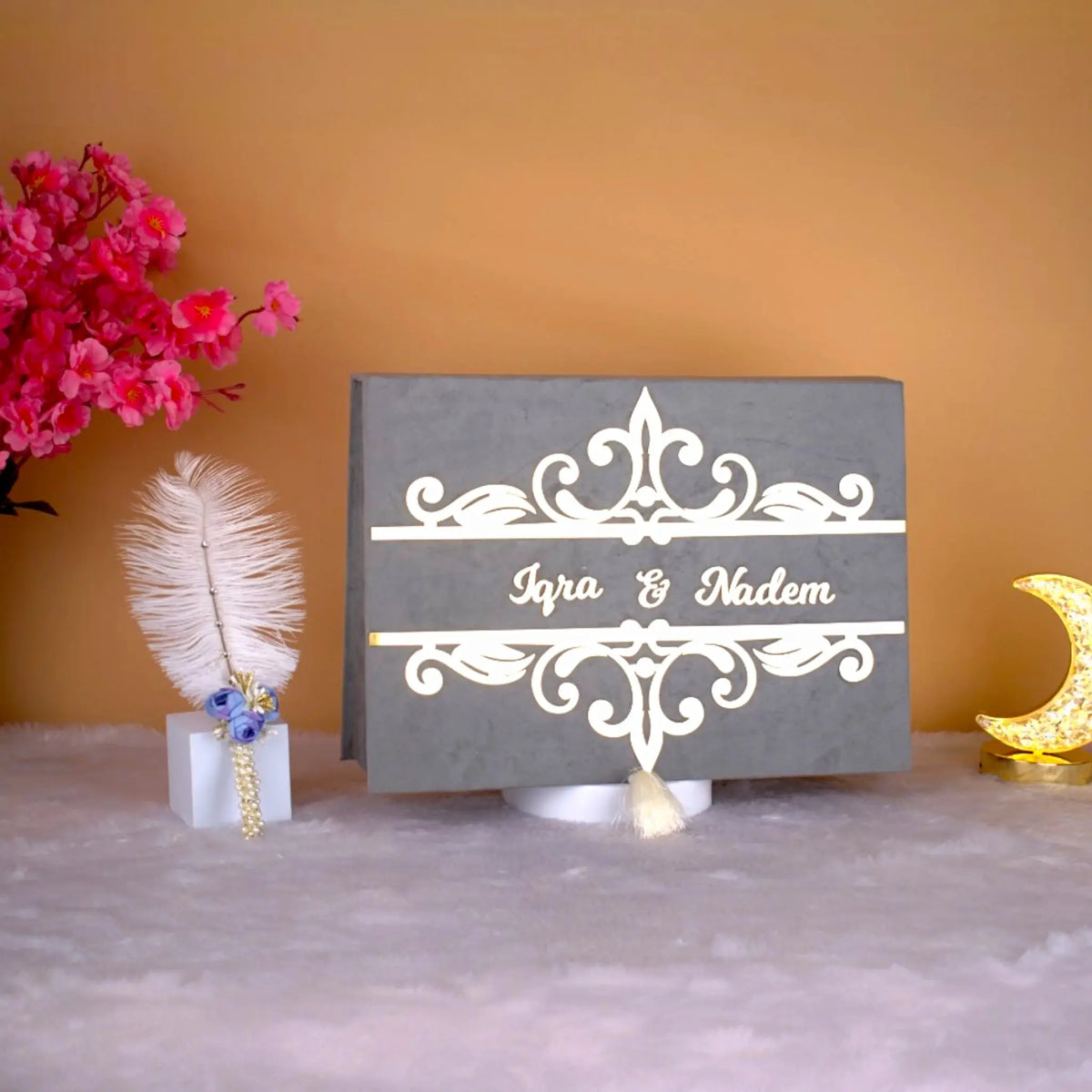 Closed Grey Nikah Nama Hamper with gold calligraphy and tassel, perfect for religious wedding ceremonies and personalized gifting.