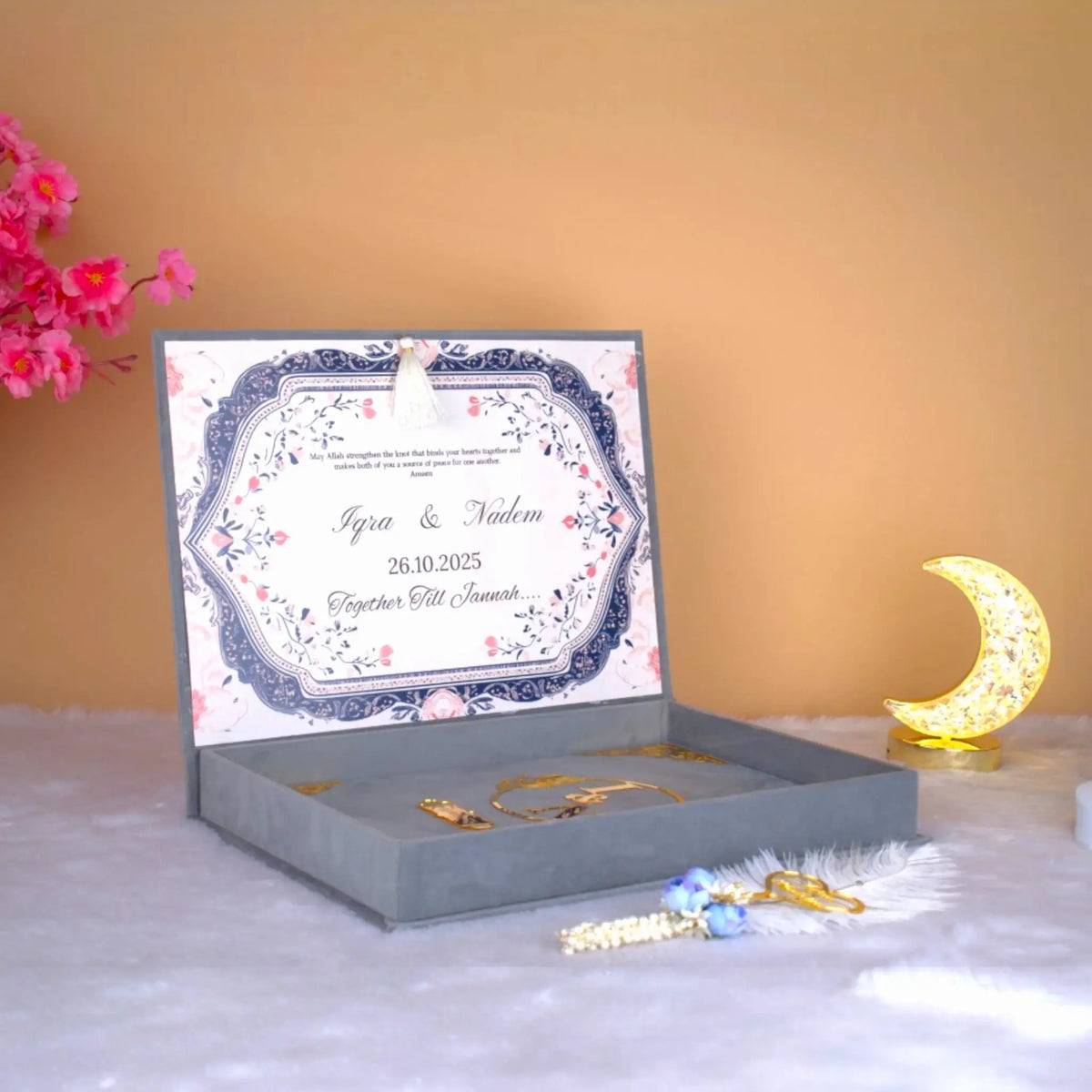 Open Grey Nikah Nama velvet box displaying personalized Nikah Nama with floral border, ideal for Islamic wedding gift sets.
