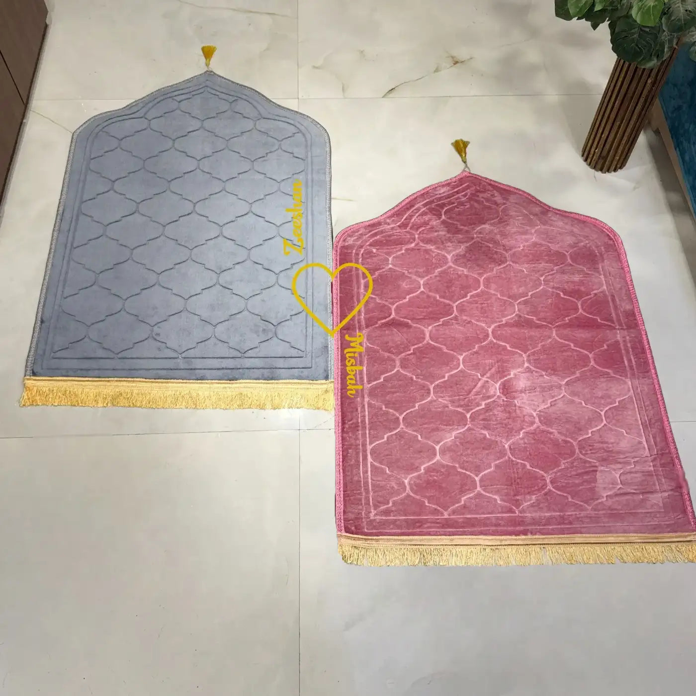 Grey & Pink Dome Janamaz - Couple Prayer Mat Set with heart design and gold tassels, ideal for Islamic wedding or bridal gifts. Main image