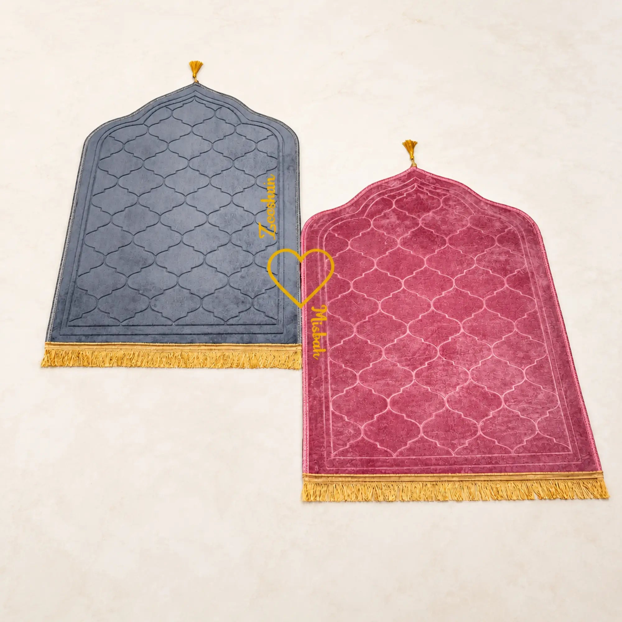 Grey & Pink Dome Janamaz - Couple Prayer Mat Set with heart design and gold tassels, ideal for Islamic wedding or bridal gifts. Main image