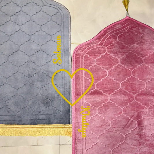Close-up of Grey & Pink Dome Janamaz Couple Prayer Mat Set featuring personalized names and heart motif, perfect for wedding gifting.