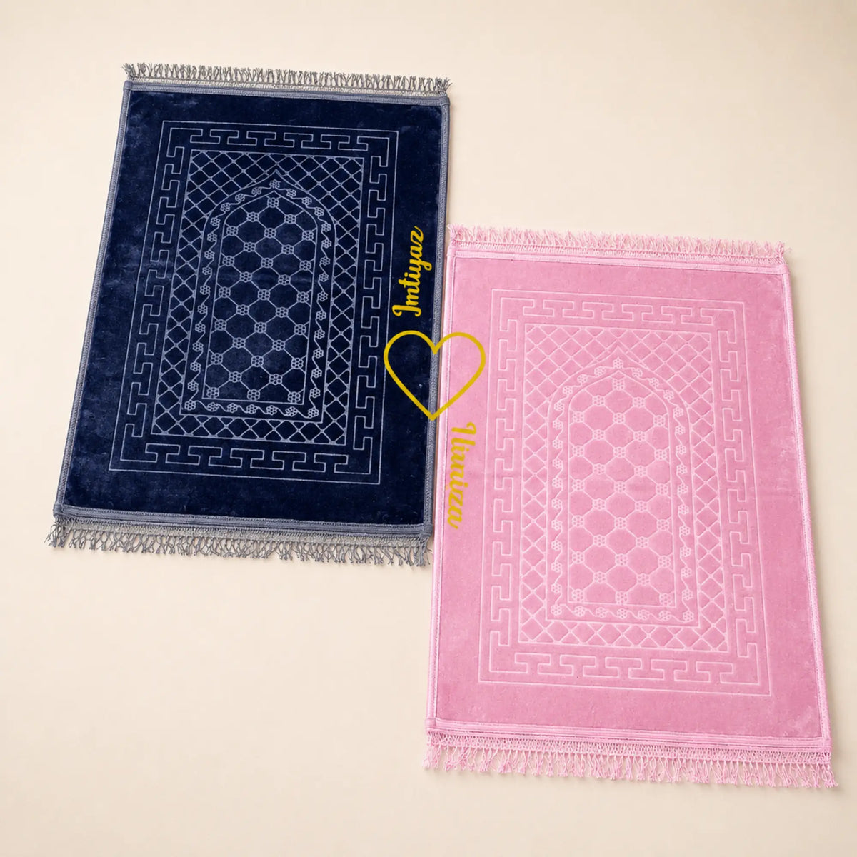Grey & Pink Rectangle Prayer Mat - Couple Prayer Mat Set featuring matching Islamic designs with heart detail, ideal for weddings and bridal gifts.