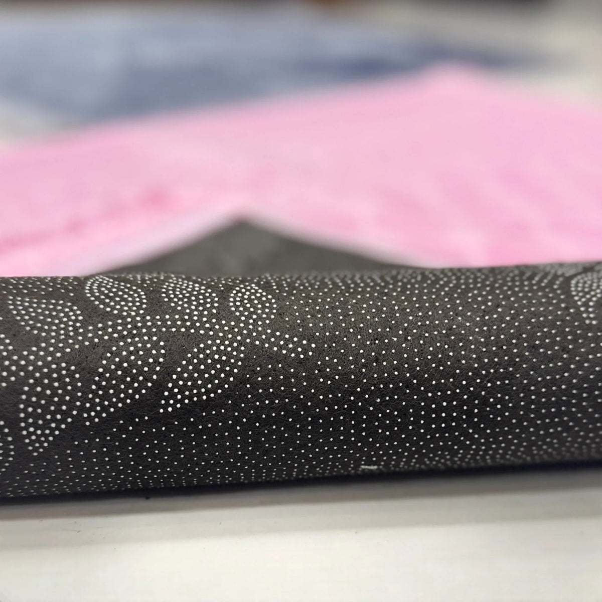 Close-up of textured grey prayer mat from the Grey & Pink Rectangle Prayer Mat - Couple Prayer Mat Set, showcasing premium quality and elegant detailing.