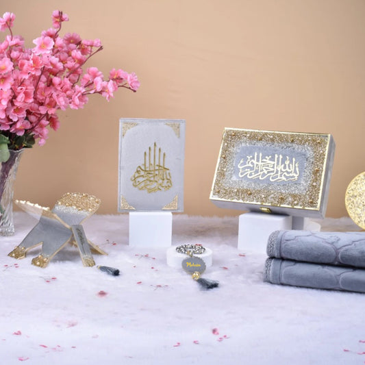 Premium Kids Grey Sequence Ibadah Gift Set with Quran, prayer rug, tasbeeh, and gift box, ideal for Eid and Islamic gifting occasions.