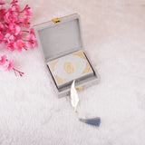 Grey Sequence Mini Tilawat-e-Quran – open gift box showing mini velvet Quran with feather bookmark, premium Islamic gifting option