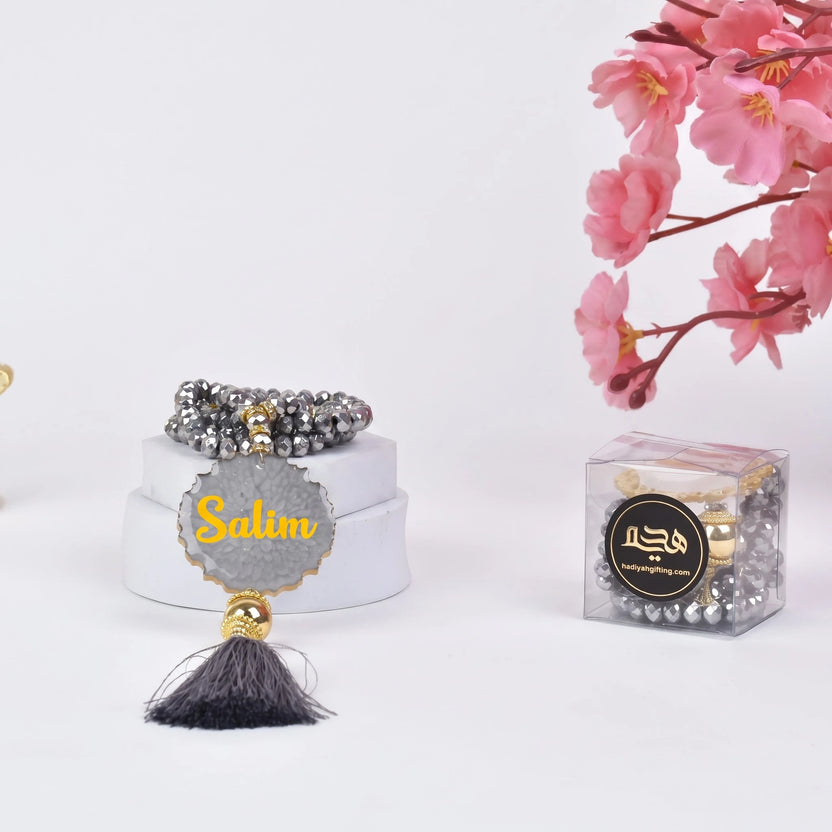 Grey Crystal Tasbeeh - 100 Beads | Personalized Gift with name 'Salim', featuring elegant grey crystals and tassel, ideal for Eid or Hajj gifts. Main image