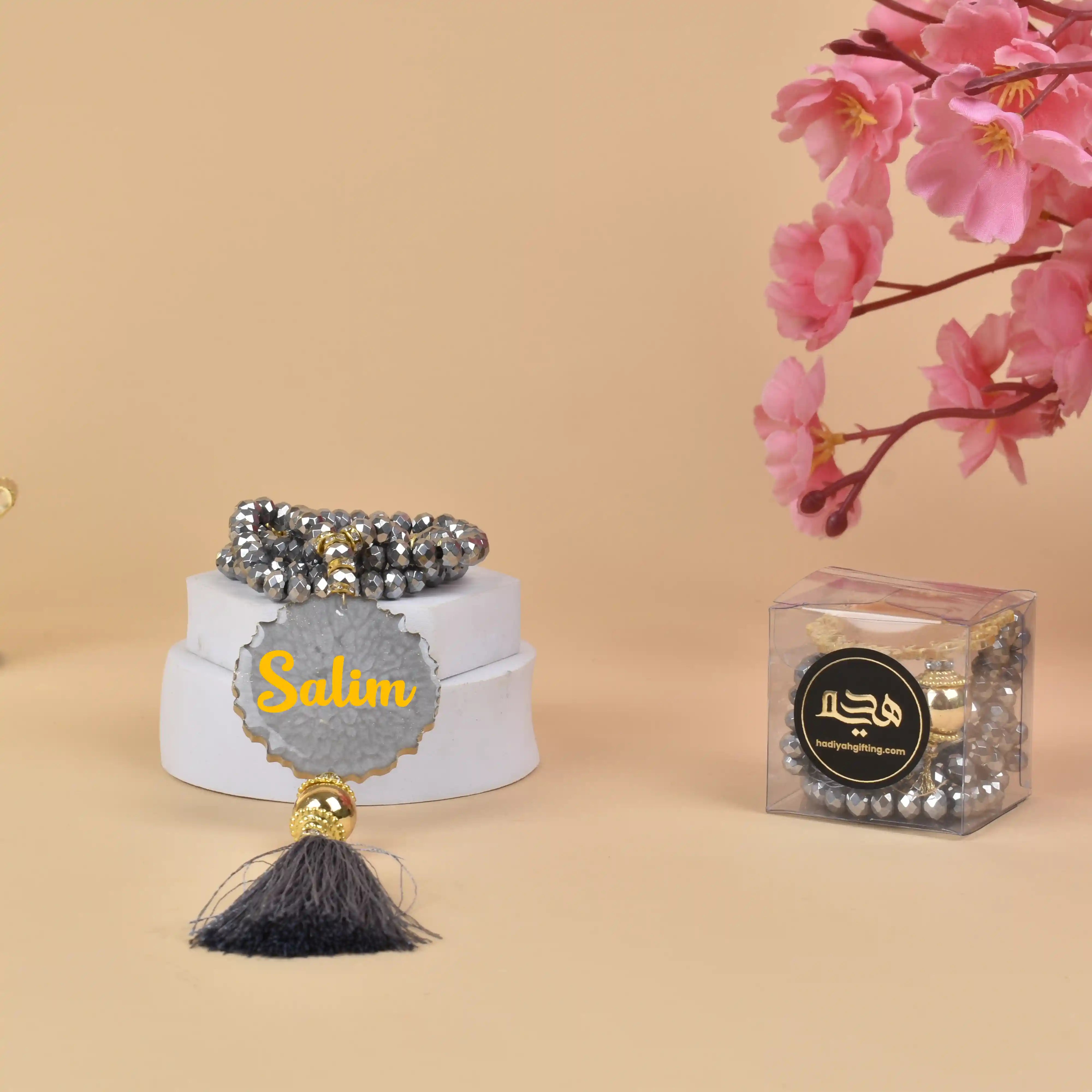 Grey Crystal Tasbeeh - 100 Beads | Personalized Gift with name 'Salim', featuring elegant grey crystals and tassel, ideal for Eid or Hajj gifts. Main image