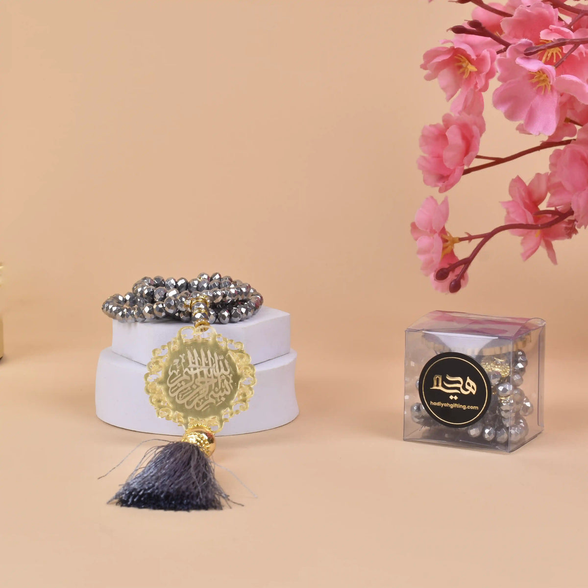 Personalised Crystal Tasbeeh - 100 Beads in silver with custom Islamic engraving and dark tassel, ideal spiritual gift for Ramadan or Eid.