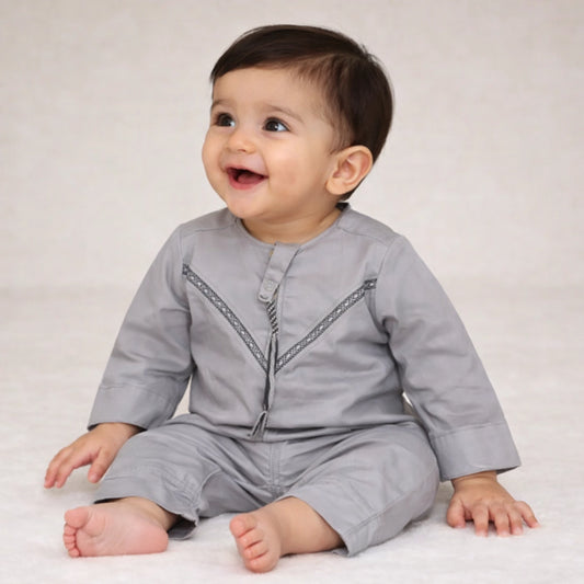 Grey Omani Thobe Romper & Bisht Set for Baby Boys