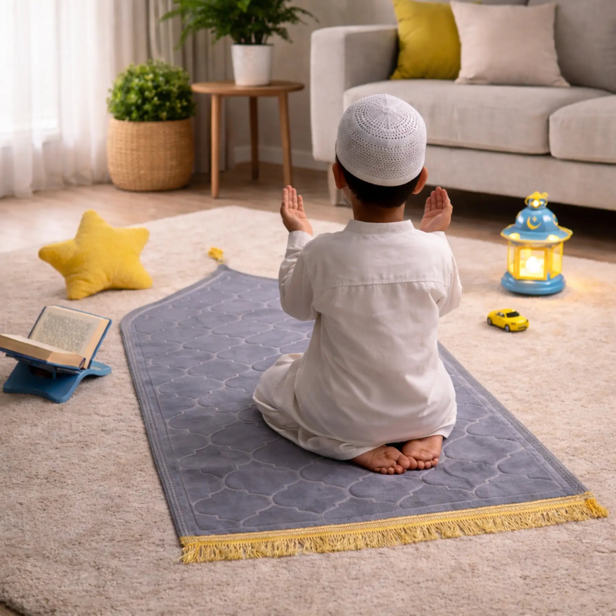 Gray Kids Dome Janamaz - Kids Dome Prayer Rug shown with a child in prayer, ideal for ages 3 to 10. Soft, dome-shaped mat in a cozy home setting. Main image