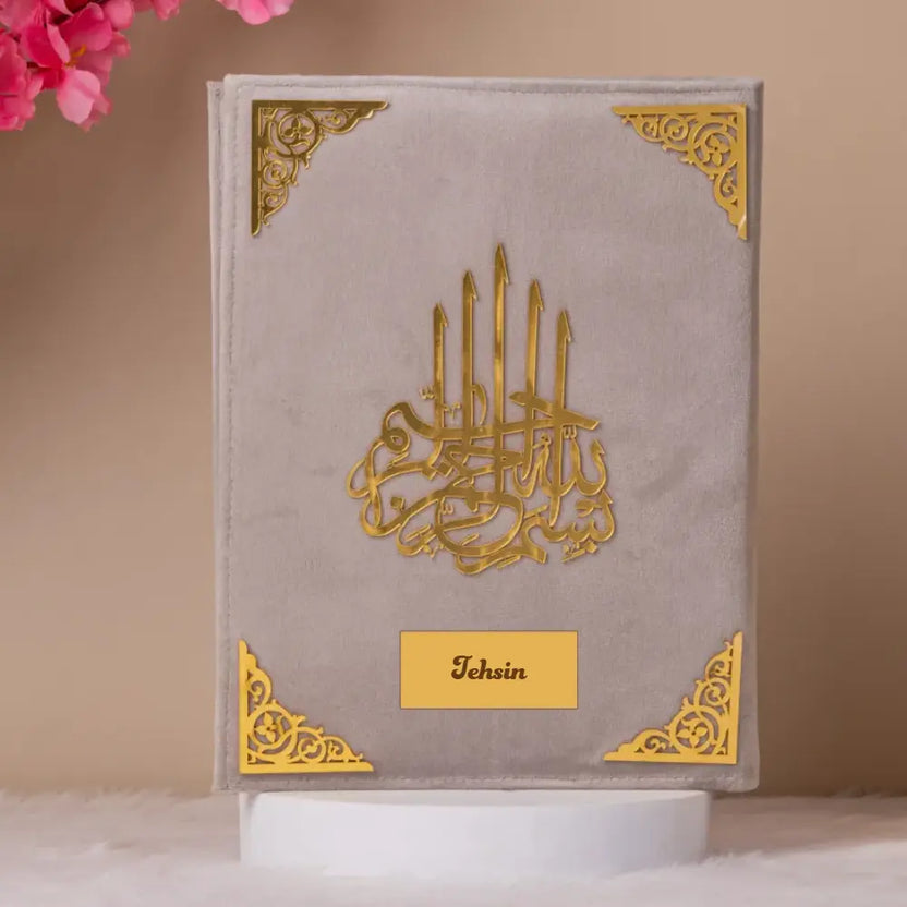 Gujarati Velvet Quran Gift Box in grey with gold embellishments and personalized nameplate, ideal for religious gifting and prayer essentials. Main image
