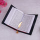 Open Quran with Hindi translation and gold feather bookmark. Part of the Sawab-e-Jariya Bridal Gift set for multilingual readers.