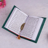 Green Flakes Couple Ibadah Set – Gujarati Translation Quran variant with gold feather bookmark, multilingual Islamic gift option