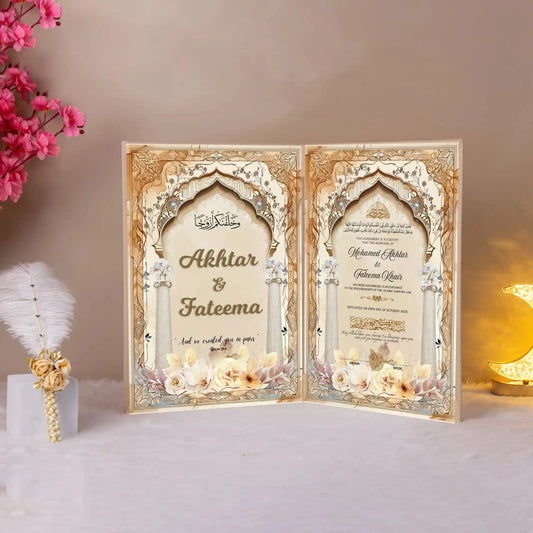 Personalized Gul-e-Rahmah Nikah Nama with intricate arch motif and soft floral accents, ideal for bridal gifts and Nikah essentials.