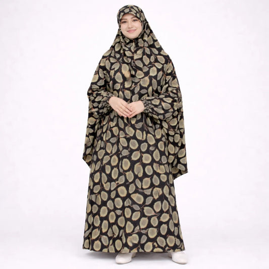 Full-length printed cotton modest prayer dress with attached sleeves