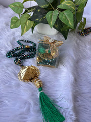 Green Crystal Tasbeeh with Bismillah (100 Beads)