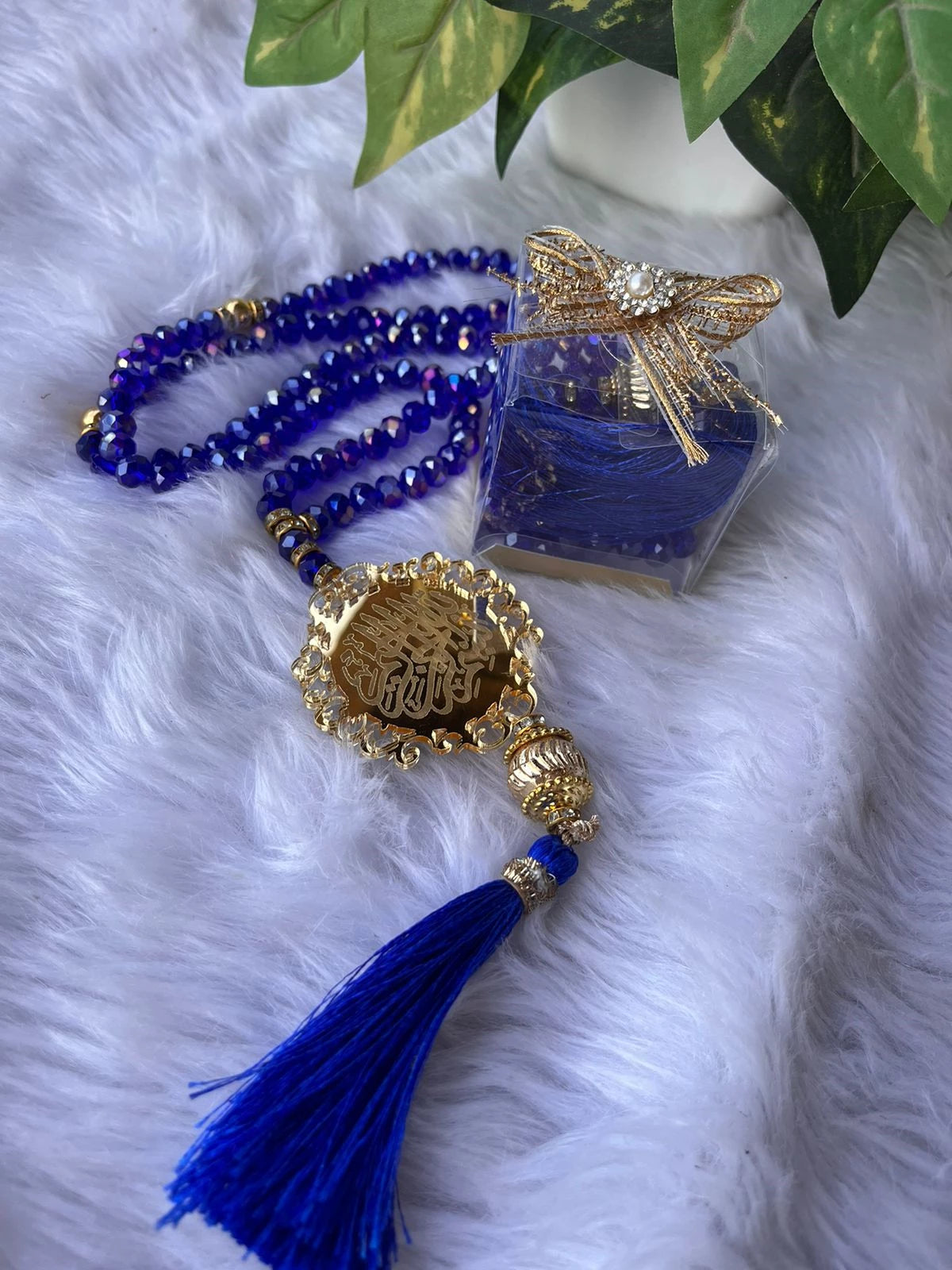 Blue Crystal Tasbeeh with Bismillah (100 Beads)