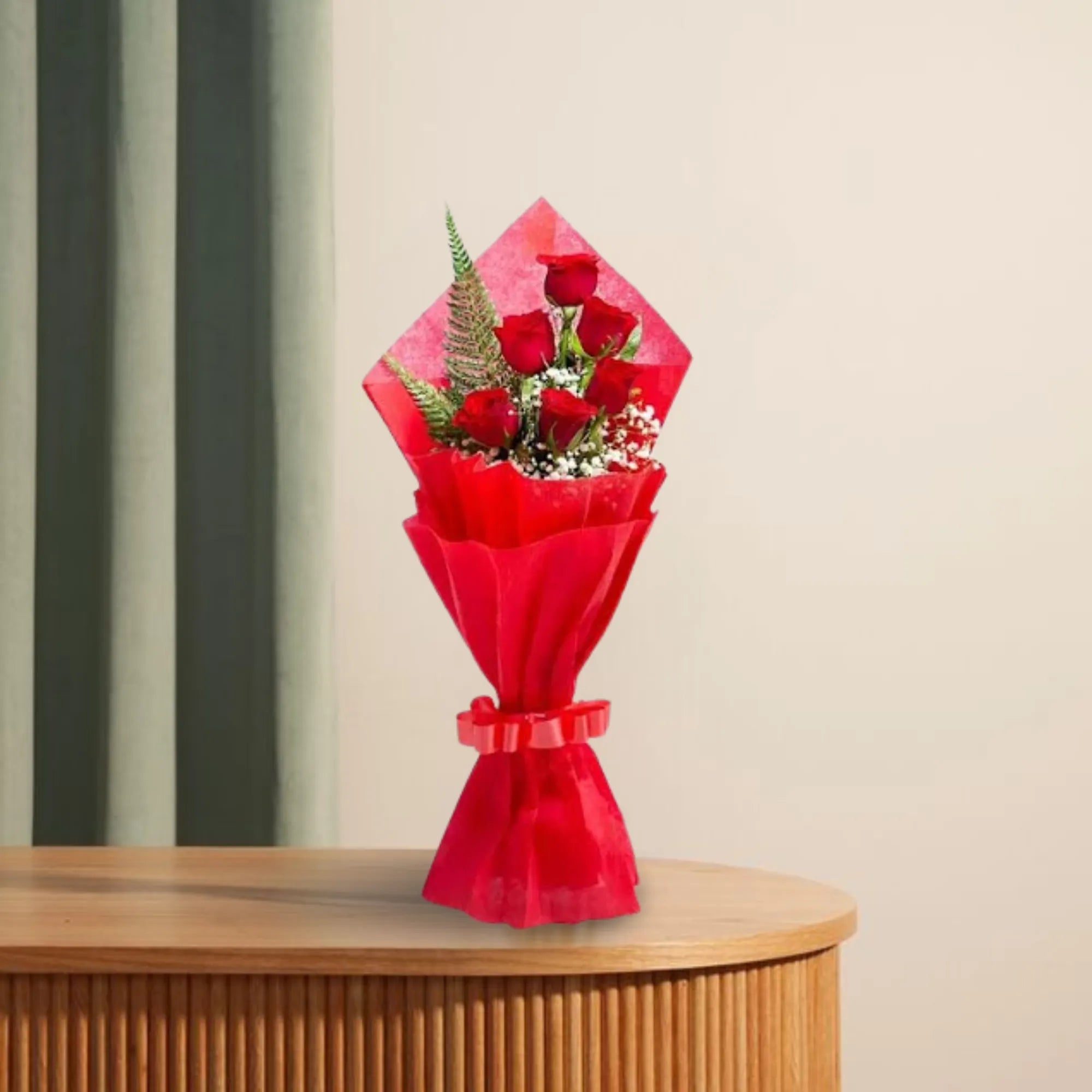 Crimson Love 6 Roses - Red Roses Bouquet Gift with lush greenery and red wrapping, ideal for anniversaries or romantic gestures. Main image