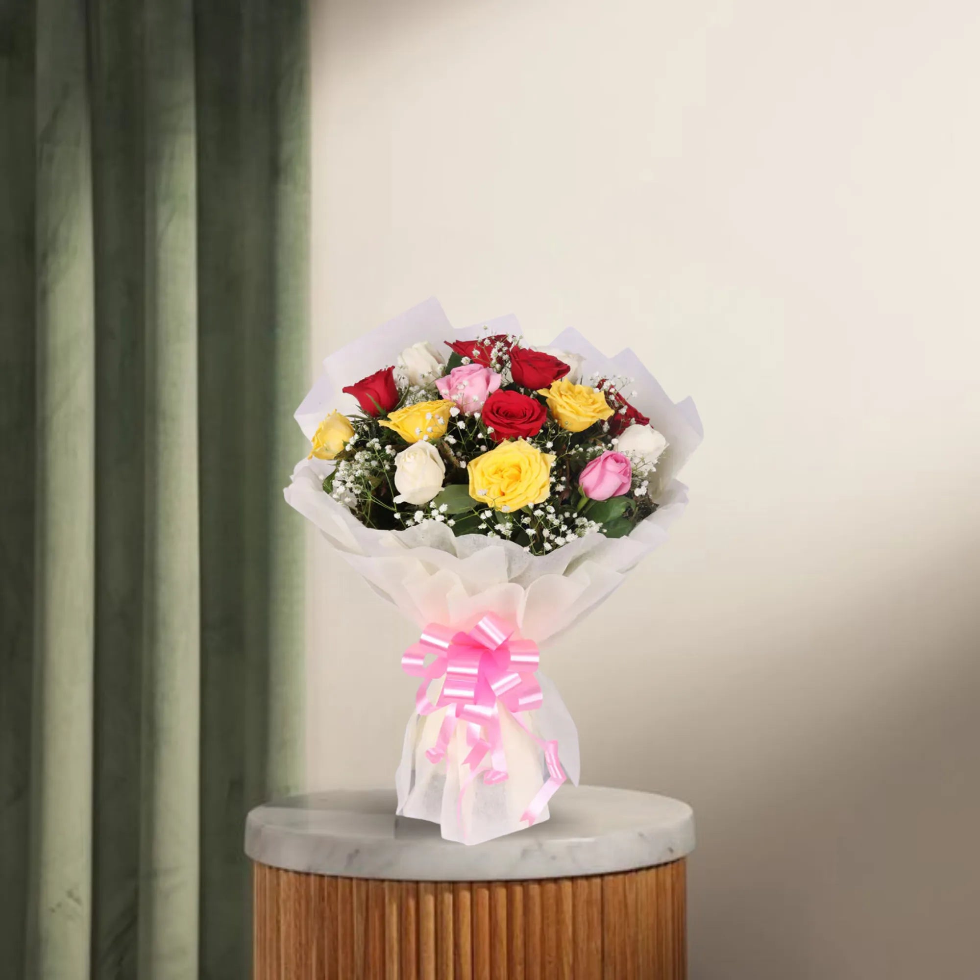 Modern Romance - Modern Bouquet with Mixed Roses featuring red, white, pink, and yellow premium roses wrapped in white paper with a pink bow. Main image