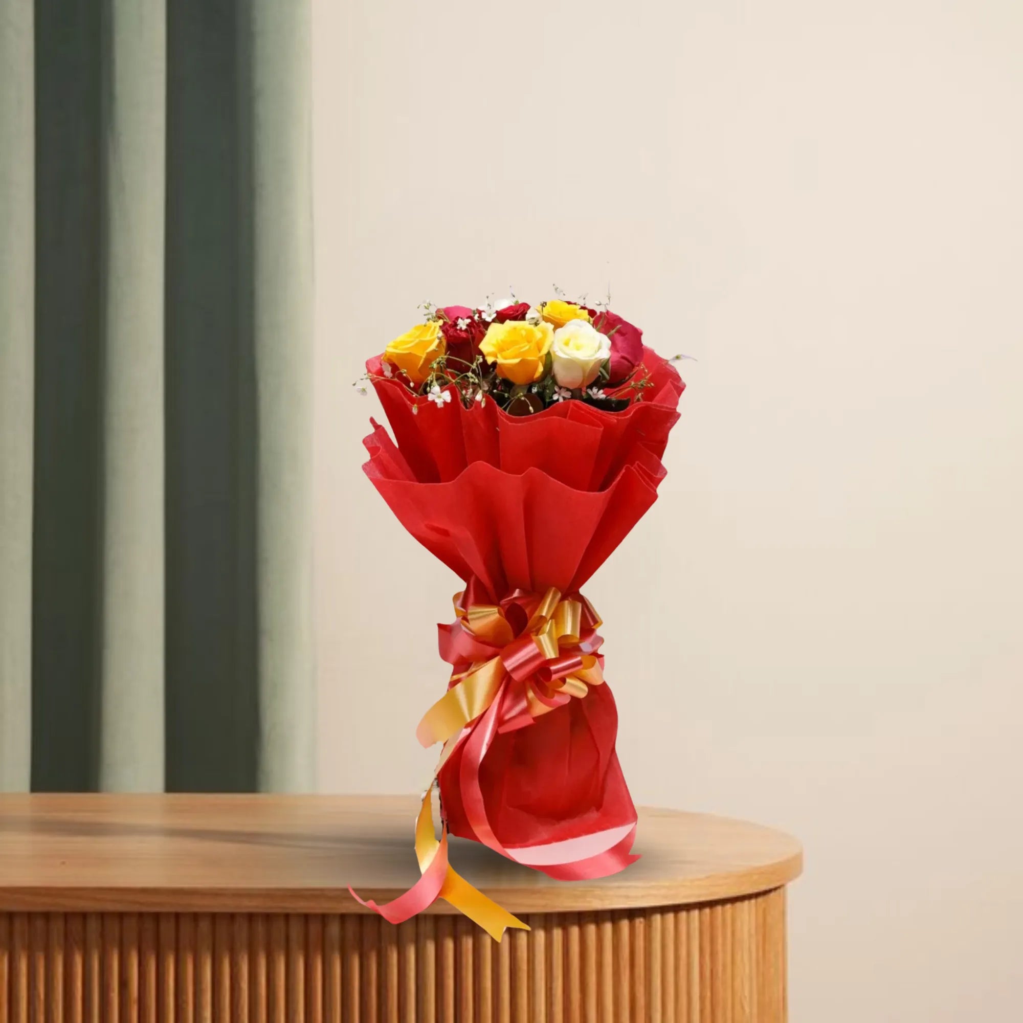 8 Mixed Roses Bouquet - Mixed Roses Gift wrapped in red paper with red and yellow ribbon, featuring red, white, and yellow roses. Ideal for birthdays and anniversaries. Main image