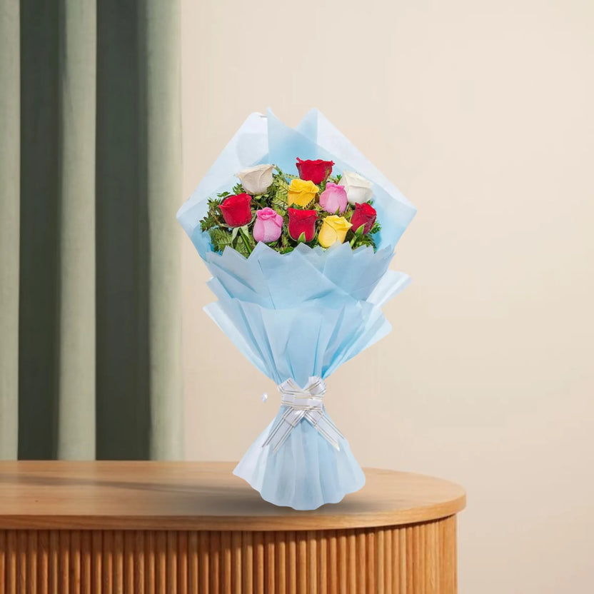 Glittery Love Roses Bouquet - Glitter Roses Bouquet with 10 mixed stems in red, pink, yellow, and white, wrapped in blue paper and white ribbon. Main image