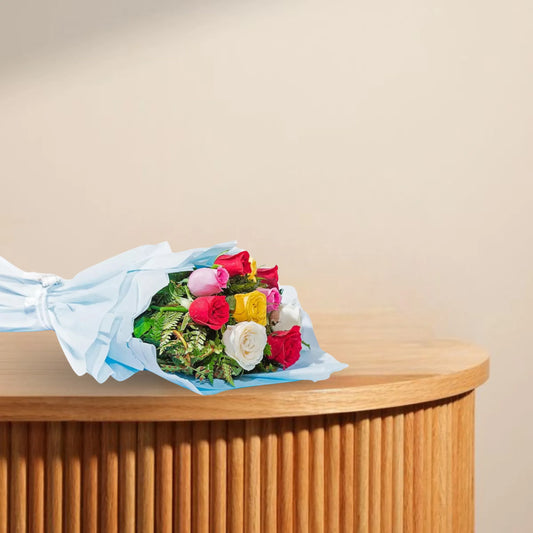 Mixed glitter roses bouquet featuring 10 vibrant stems in blue wrapping, ideal for Valentine's or anniversary gifting in Home & Garden flowers category.