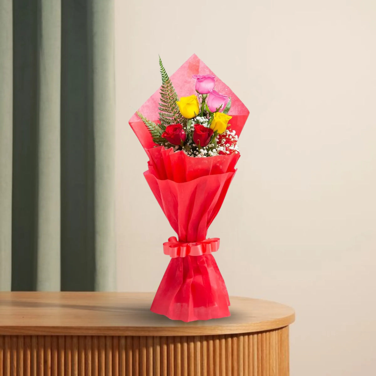 Sprinkle Mix Roses Bouquet with 6 mixed color roses in red wrapping, ideal for same day delivery gifts and special occasions.