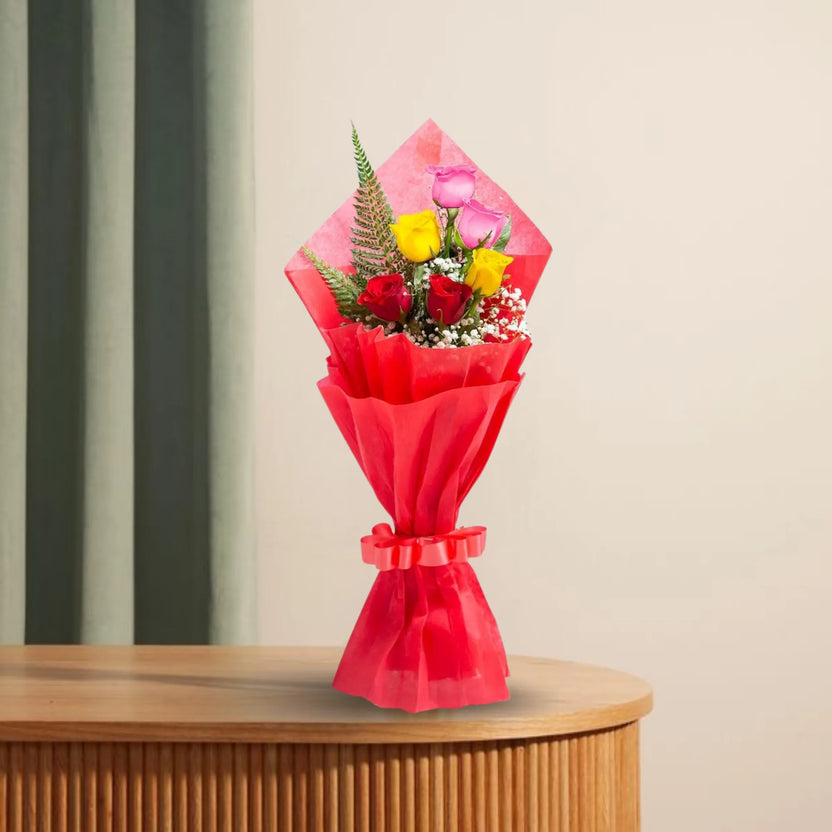 Sprinkle Mix Roses Bouquet with 6 mixed color roses in red wrapping, ideal for same day delivery gifts and special occasions. Main image