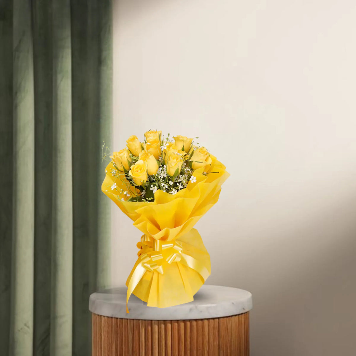 8 Yellow Roses bouquet wrapped in yellow paper with white fillers, displayed on a round table. Ideal friendship gift from Home & Garden > Flowers.