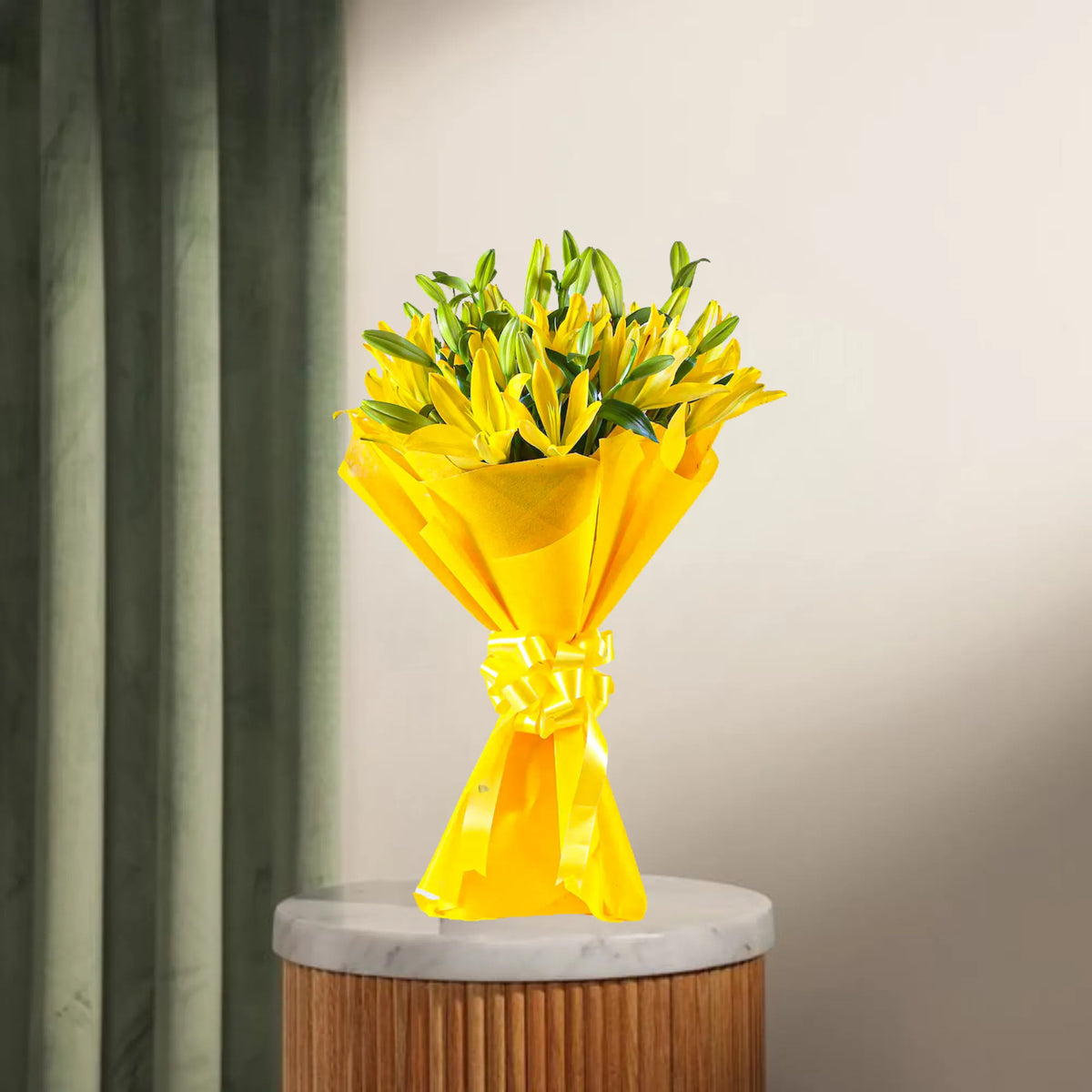 Asiatic Lilies Bunch - Lovely Flowers in bright yellow wrapping, displayed on a marble-top stand. Perfect for anniversaries or same day delivery.