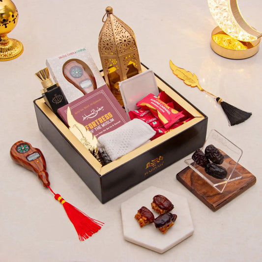 Hadiyah Harmony Hamper - Spiritual Gift Box with digital tasbeeh, dates, Islamic book, and decor items for religious gifting and home blessings.