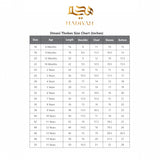 Hadiyah Omani Thobes size chart for kids, listing measurements by age and size. Helps choose the right fit for traditional kids wear.