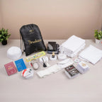 Luxe Hajj Umrah Set - Ihram, Hijab, Travel Kit for couples featuring prayer essentials, grooming tools, and personalized drawstring bag.