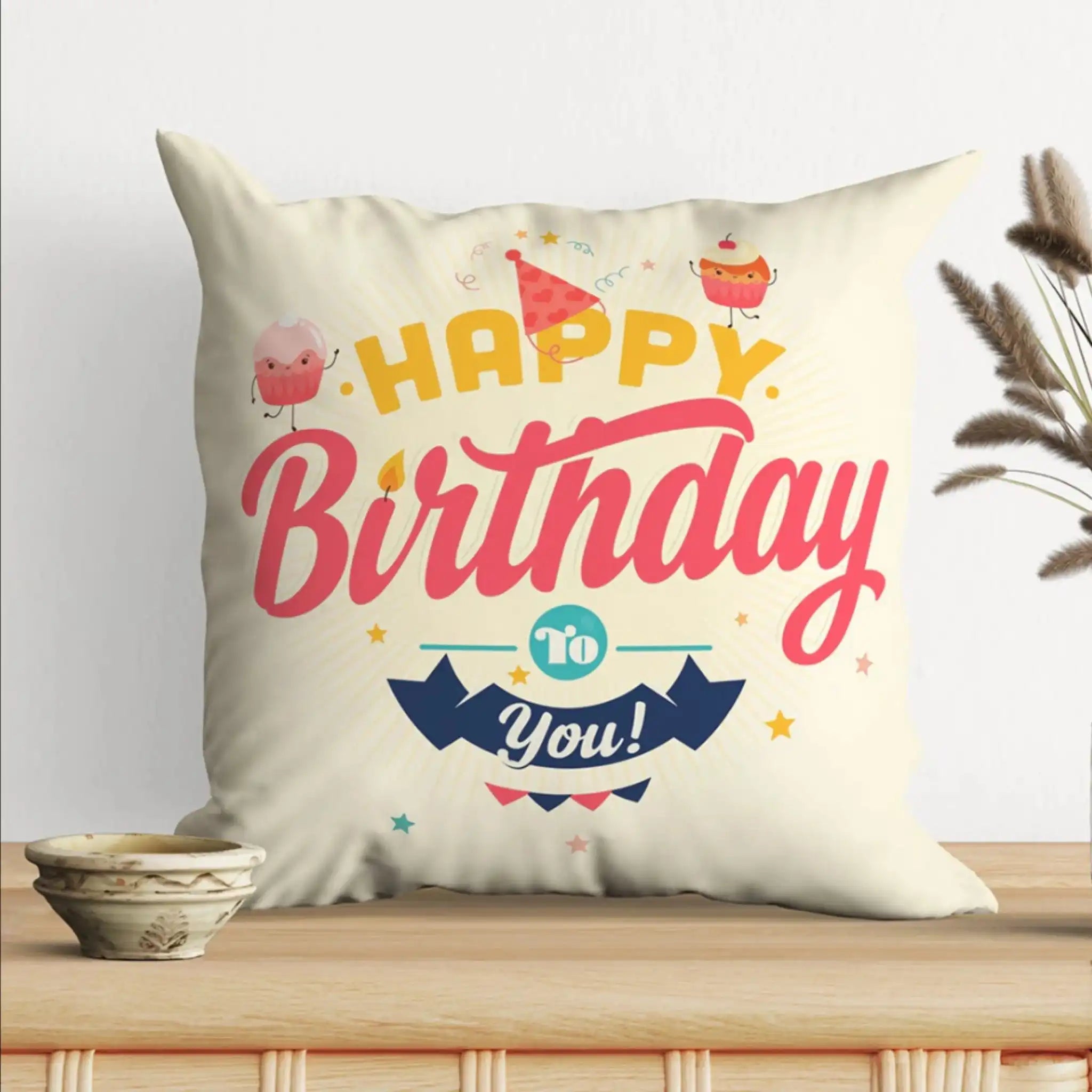 Happy Birthday printed cushion gift in square shape, ideal for birthday celebrations. Main image