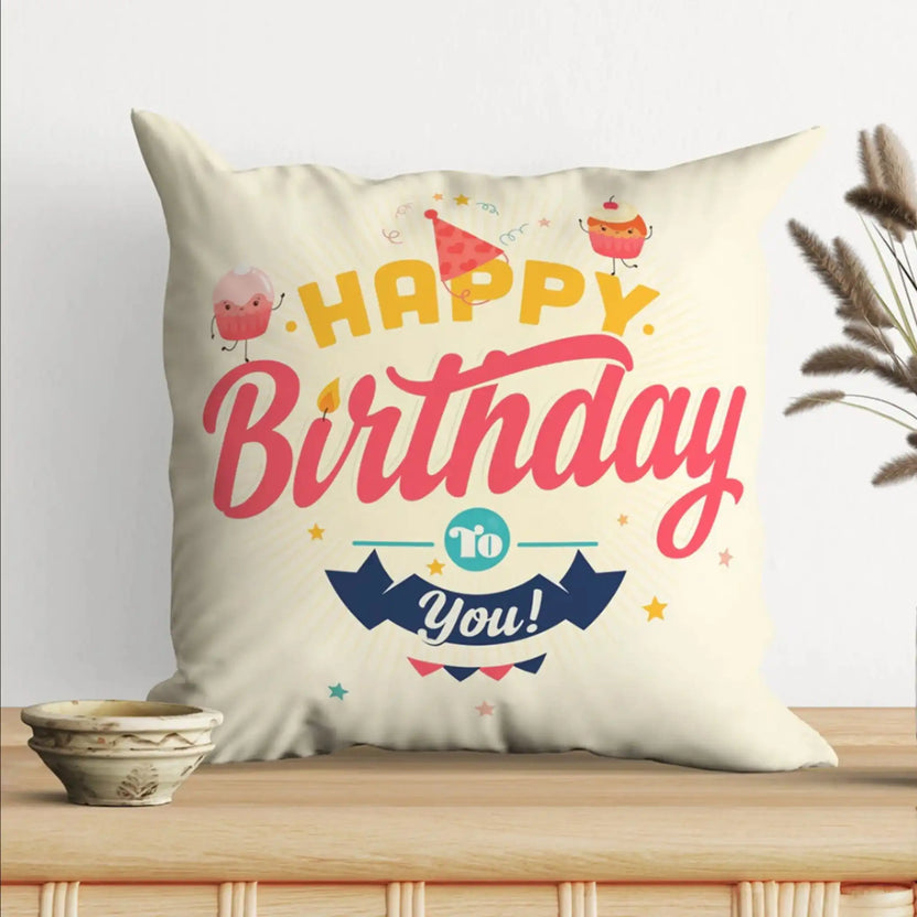 Happy Birthday printed cushion gift in square shape, ideal for birthday celebrations. Main image