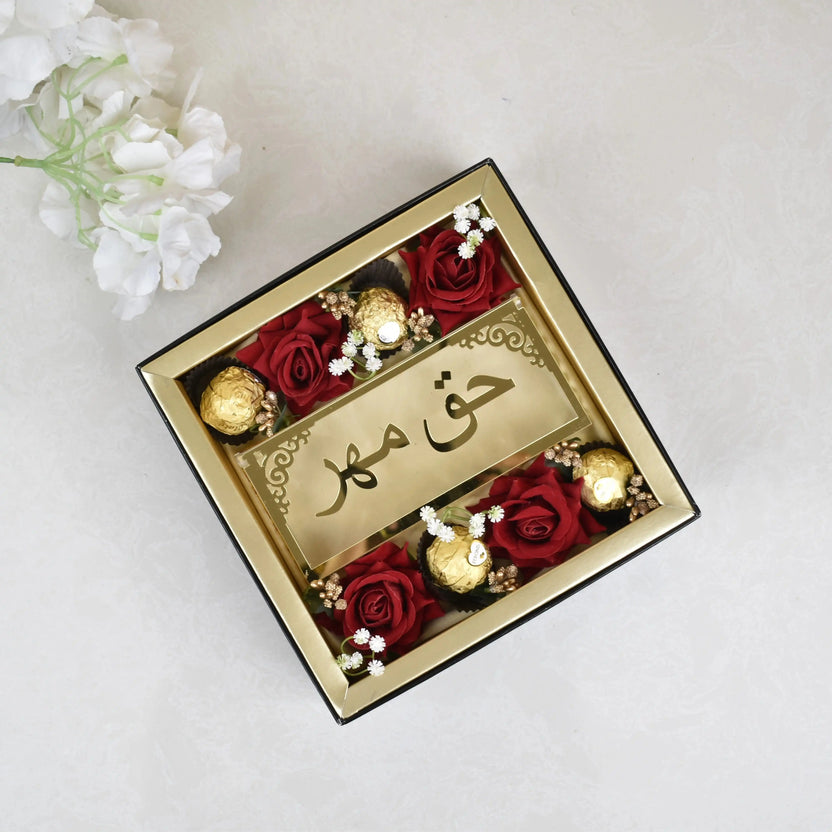 Bridal Gift Box - Velvet Meher Envelope with red roses and chocolates, ideal for Islamic wedding ceremonies and Nikah celebrations. Main image