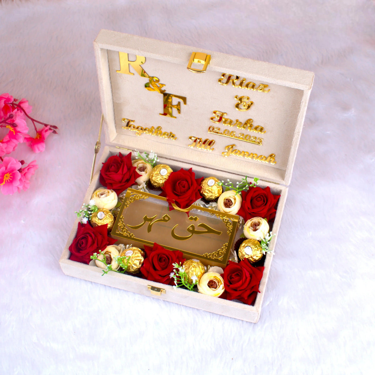 Premium offwhite Luxe Haqq Meher Box featuring Arabic calligraphy, red and white roses, chocolates, and custom bridal keepsake decor.