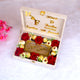 Premium offwhite Luxe Haqq Meher Box featuring Arabic calligraphy, red and white roses, chocolates, and custom bridal keepsake decor.