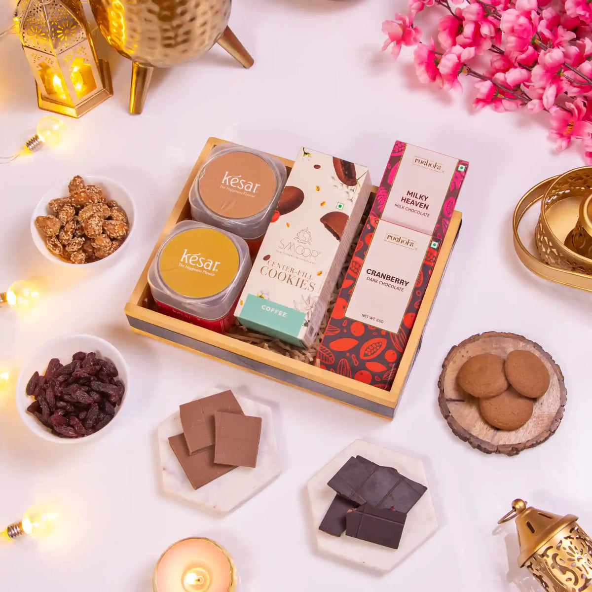 Ramadan Gift Hamper with premium cookies, chocolate bars, and dry fruits, ideal for Eid gifting and Islamic celebrations.
