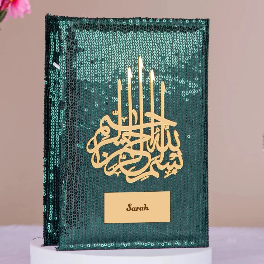 Hindi Quran Translation - Bling Collection in green sequin cover with gold Islamic calligraphy and personalized nameplate, ideal Islamic gift.