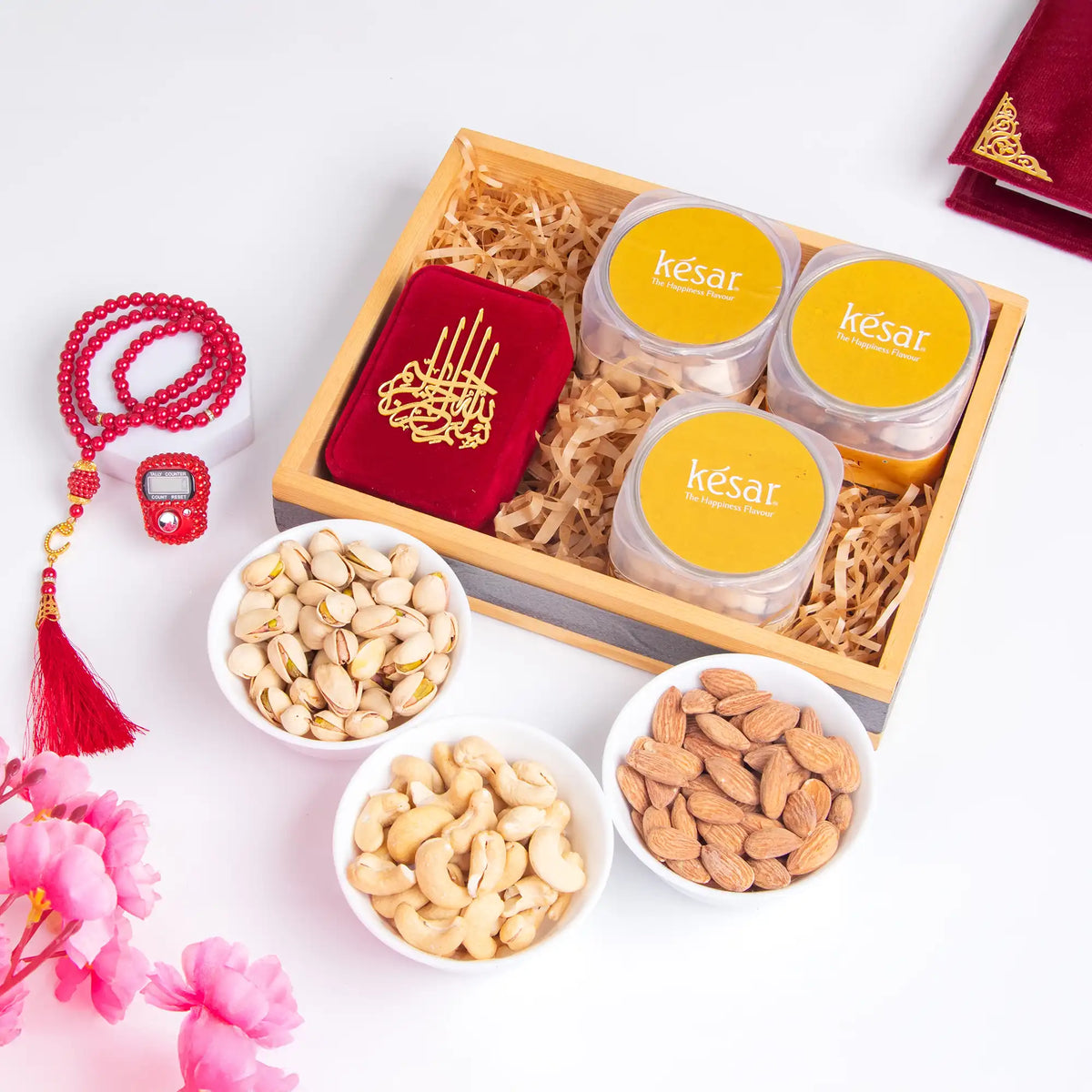 Noor Al-Barakah Gourmet Hamper - Islamic Gift Treat with pistachios, cashews, almonds, tasbeeh, and digital counter in a wooden box. Ideal for Eid and Ramadan gifting.