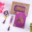 Purple religious text books with gold calligraphy, prayer mat, and tasbih on a white background.