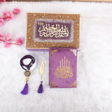 Purple Sequence Tilawat-e-Quran gift hamper featuring a velvet Quran with golden Arabic calligraphy and matching embellished box. Ideal for Eid or Nikah gifting.