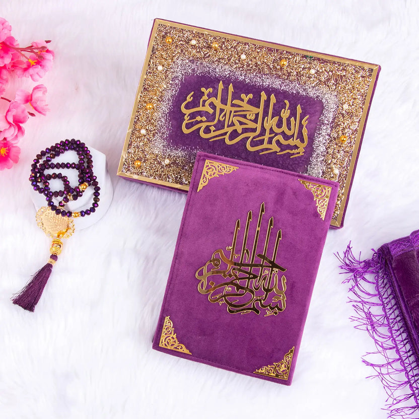 Purple Sequence Tilawat-e-Quran gift hamper featuring a velvet Quran with golden Arabic calligraphy and matching embellished box. Ideal for Eid or Nikah gifting. Main image