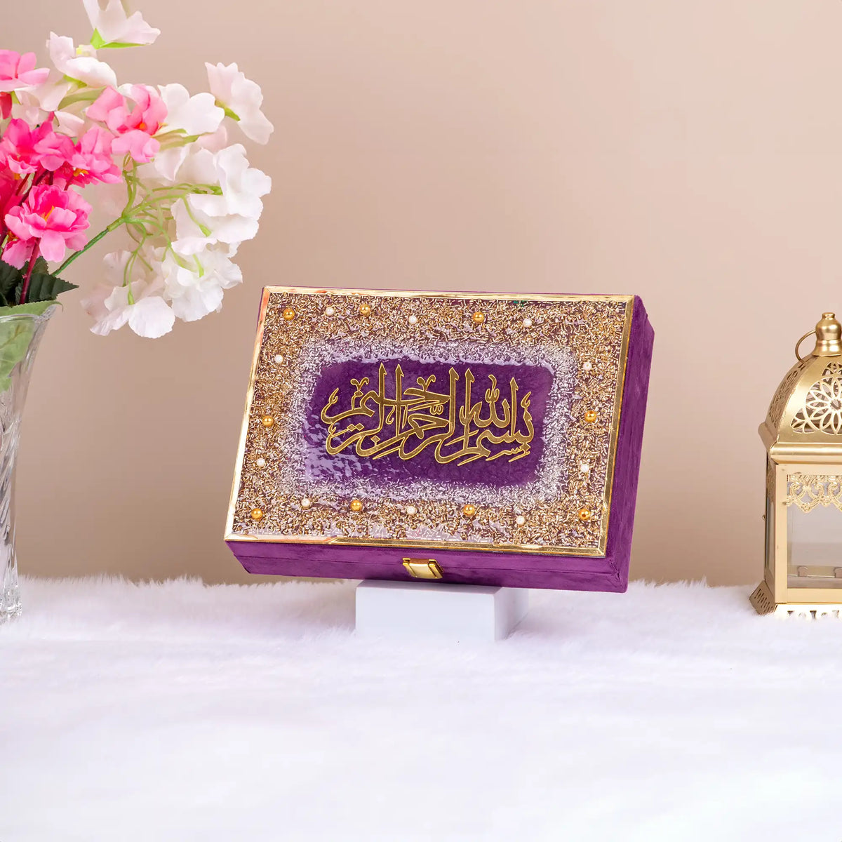 Handmade Designer Velvet Quran Box in purple with golden Bismillah calligraphy, ideal for Ramadan gifts and prayer essentials.