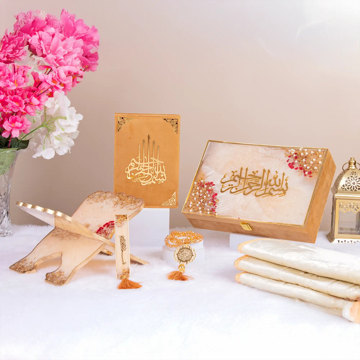 Golden Floral Pearl Sawab-E-Jariya Hamper featuring a velvet Quran box, crystal tasbeeh, and Islamic decor. Ideal Quran gift set for Eid and weddings.