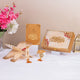 Golden Floral Pearl Rehal Hamper with velvet Quran, resin Rehal, crystal tasbeeh, and bookmark. Elegant Islamic gift set for special occasions.