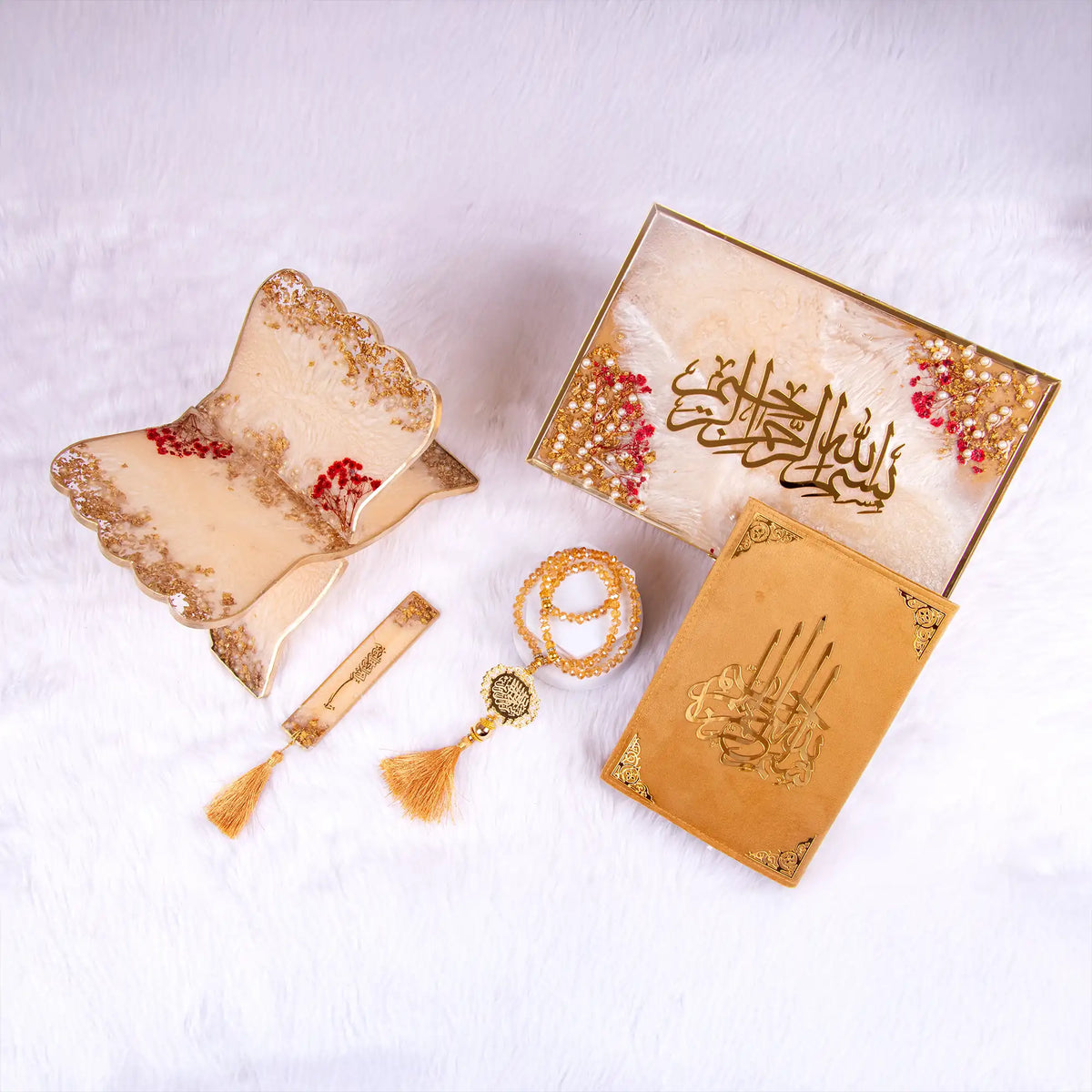 Premium Golden Floral Pearl Rehal Hamper featuring Quran, tasbeeh, resin Rehal, and bookmark. Ideal for gifting during Khatm-al-Quran ceremonies.